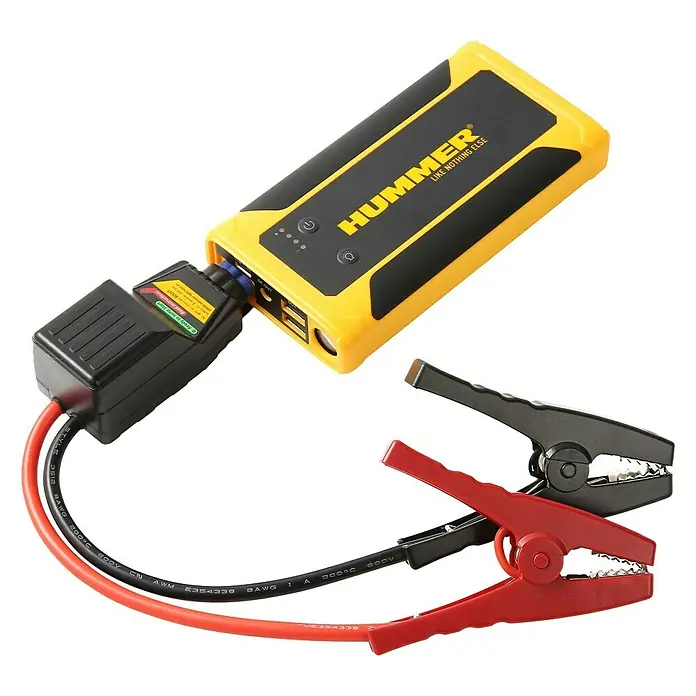 Kit de arranque HUMMHX - 12 V, 3 Ah - Arrancador auxiliar Hummer amarillo y negro con cables de arranque, listo para proporcionar un arranque a vehículos con baterías descargadas.