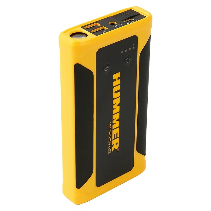 Kit de arranque HUMMHX - 12 V, 3 Ah - Arrancador amarillo Hummer con salidas USB y DC, luces LED y el logotipo "Hummer - Like Nothing Else".