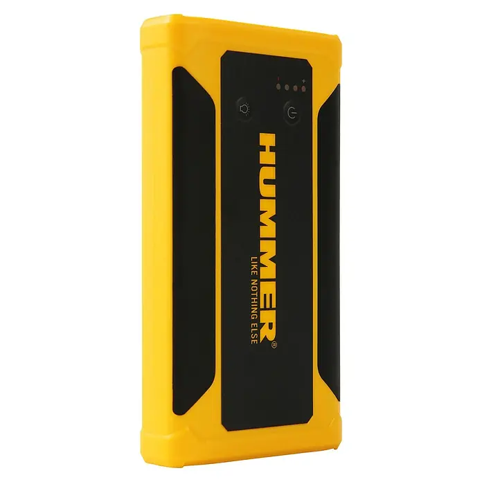 Kit de arranque HUMMHX - 12 V, 3 Ah - Arrancador amarillo Hummer con panel central negro que muestra la marca. Diseño compacto útil para emergencias.