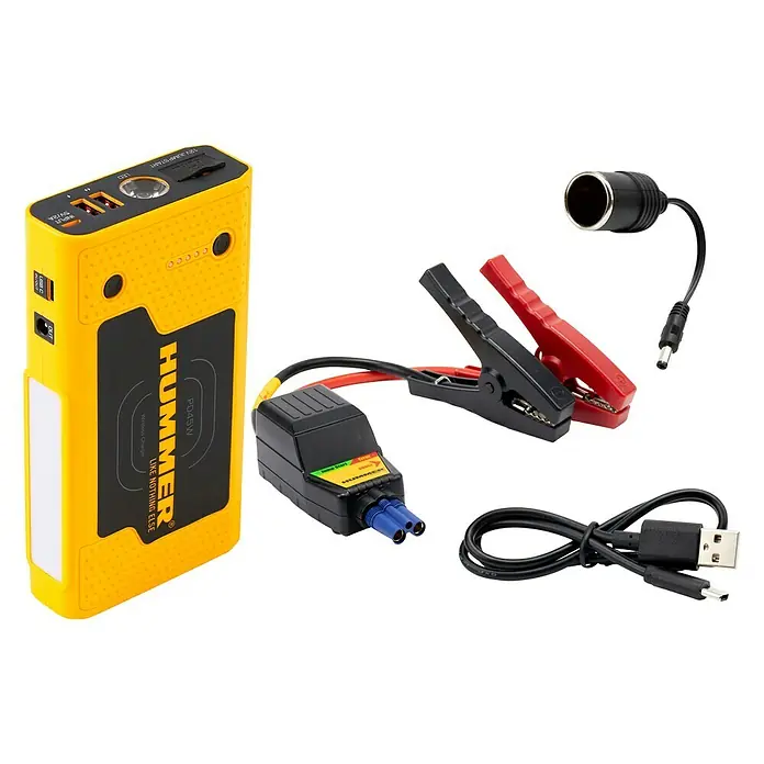 Kit de arranque HUMMH3T - 12 V, 3 Ah - 8 Ah - El arrancador portátil Hummer PD45W es una ayuda práctica para viajar. Incluye accesorios como cables de arranque y cable de carga USB.