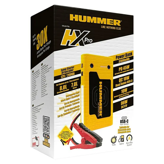Kit de arranque HUMMH3T - 12 V, 3 Ah - 8 Ah - Imagen de un arrancador/banco de energía Hummer HX Pro con 37000mWh, con USB-C y carga inalámbrica.