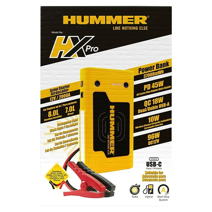 Kit de arranque HUMMH3T - 12 V, 3 Ah - 8 Ah - Imagen de una batería externa amarilla HUMMER HX Pro con 37000mAh, arrancador, cargador inalámbrico y USB-C para carga rápida.