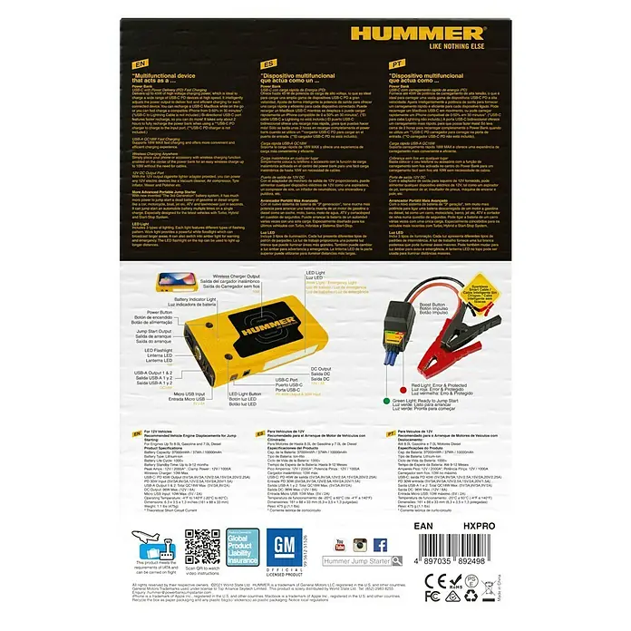 Kit de arranque HUMMH3T - 12 V, 3 Ah - 8 Ah - El arrancador Hummer: Dispositivo multifuncional con USB-C Power Delivery, carga inalámbrica y luz LED para un uso versátil.