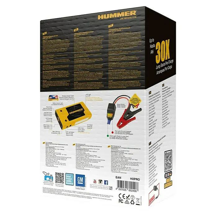 Kit de arranque HUMMH3T - 12 V, 3 Ah - 8 Ah - Imagen del producto de un arrancador Hummer, que ofrece hasta 30 arranques por carga.
