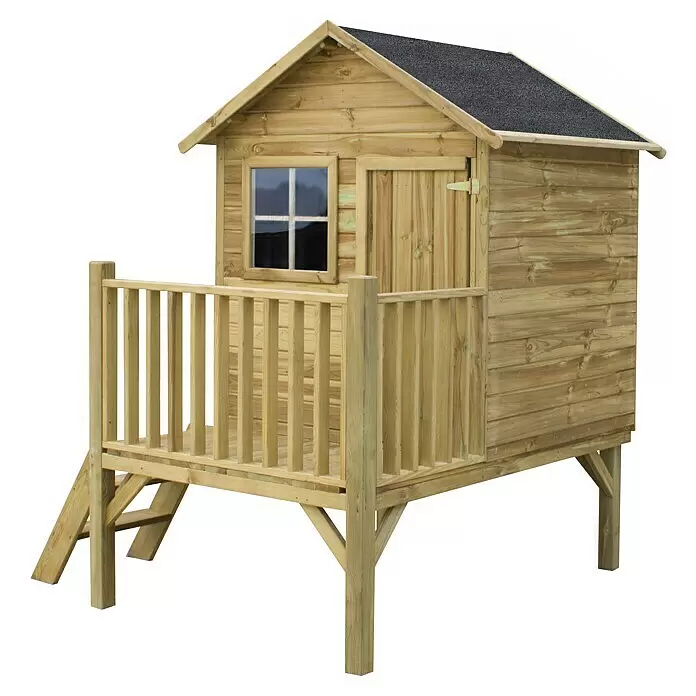 Spielhaus Tobias - L x B x H: 179 x 161 x 221 cm, Holz, Natur - Stelzen-Spielhaus aus Holz mit Balkon, Treppe und dunklem Dach für Kinder.