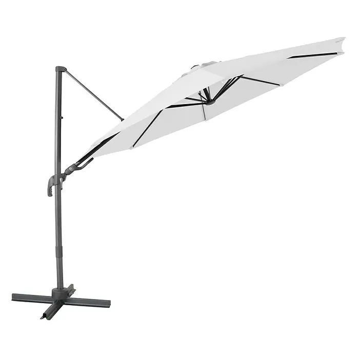 Sunfun Schirmbezug Capri - Natur, Passend für: Sunfun Ampelschirmgestell Capri Ø 300 cm - Ein weißer, freitragender Sonnenschirm mit grauem Ständer und Kreuzfuß bietet Schatten und Komfort im Freien.