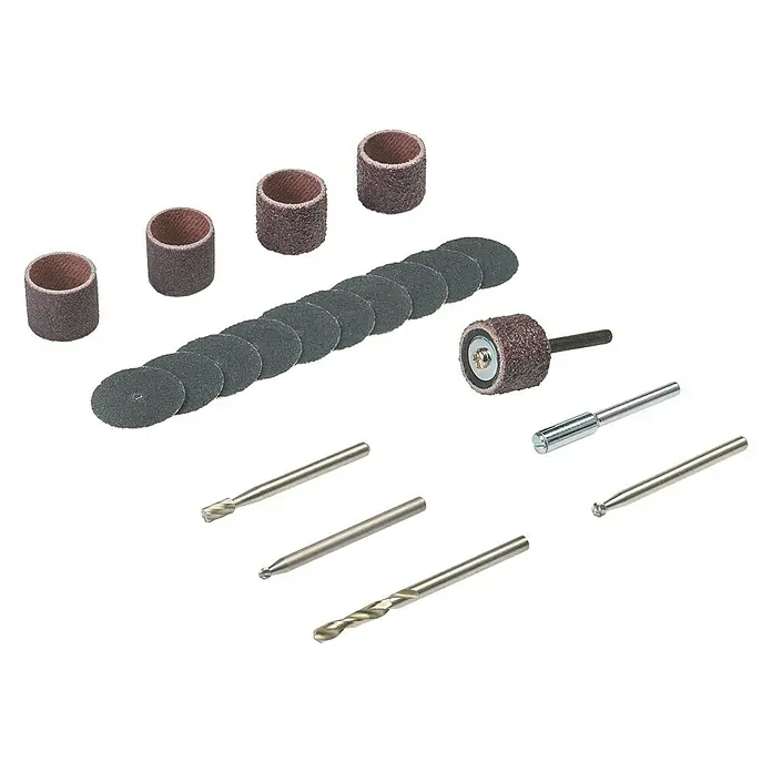 Dremel Multifunktionswerkzeug-Zubehör 681 - 20 -tlg. - Das Bild zeigt ein Set mit verschiedenen Schleifaufsätzen und Bohrern für einen Dremel oder ähnliches Werkzeug. Ideal für feine Schleif- und Polierarbeiten.