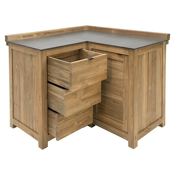Sunfun Zoe Outdoorküchen-Modul Eckschrank - Braun, B x T x H: 120 x 120 x 92 cm, Teakholz - Eckschrank aus Holz mit Schubladen und grauer Arbeitsplatte. Das Möbelstück ist robust und bietet viel Stauraum für verschiedene Zwecke.