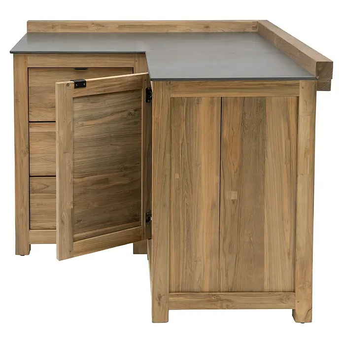 Sunfun Zoe Outdoorküchen-Modul Eckschrank - Braun, B x T x H: 120 x 120 x 92 cm, Teakholz - Holzkommode mit Schubladen und Schrankfächern mit grauer Tischplatte für zusätzlichen Stauraum und Arbeitsfläche.