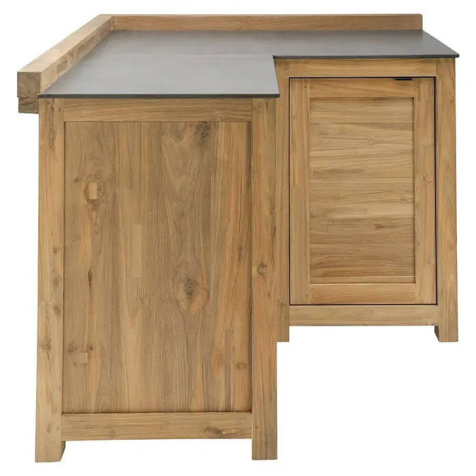Sunfun Zoe Outdoorküchen-Modul Eckschrank - Braun, B x T x H: 120 x 120 x 92 cm, Teakholz - Elegante Kücheninsel aus Holz mit dunkler Arbeitsplatte und einer Tür zur Aufbewahrung, ideal für stilvolle Küchen.