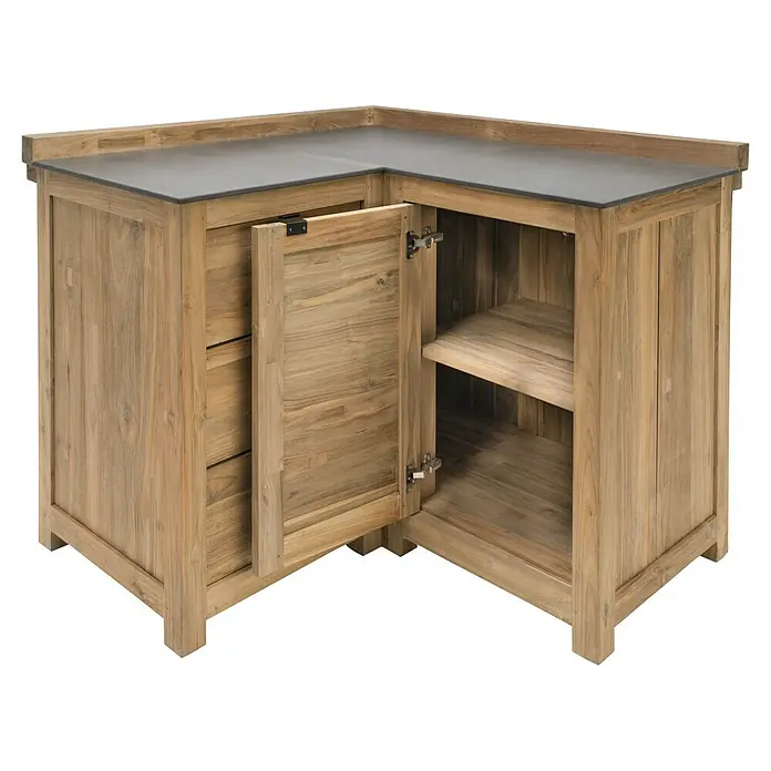 Sunfun Zoe Outdoorküchen-Modul Eckschrank - Braun, B x T x H: 120 x 120 x 92 cm, Teakholz - Eck-Küchenschrank aus Holz mit dunkler Arbeitsplatte, offener Tür und Regalen, ideal zur Küchenorganisation und Aufbewahrung.