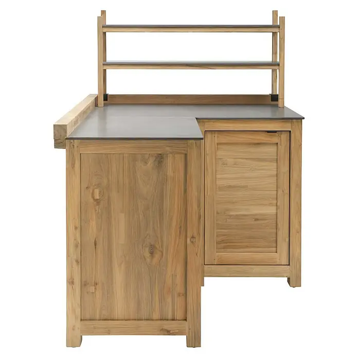 Sunfun Zoe Grillküchen-Modul Aufsatzregal - Braun, B x T x H: 110 x 30 x 58 cm, Holz - Eine Kücheninsel aus Holz mit grauer Arbeitsplatte und zwei Regalen darüber, die zusätzlichen Stauraum bietet, ideal für jede Küche.