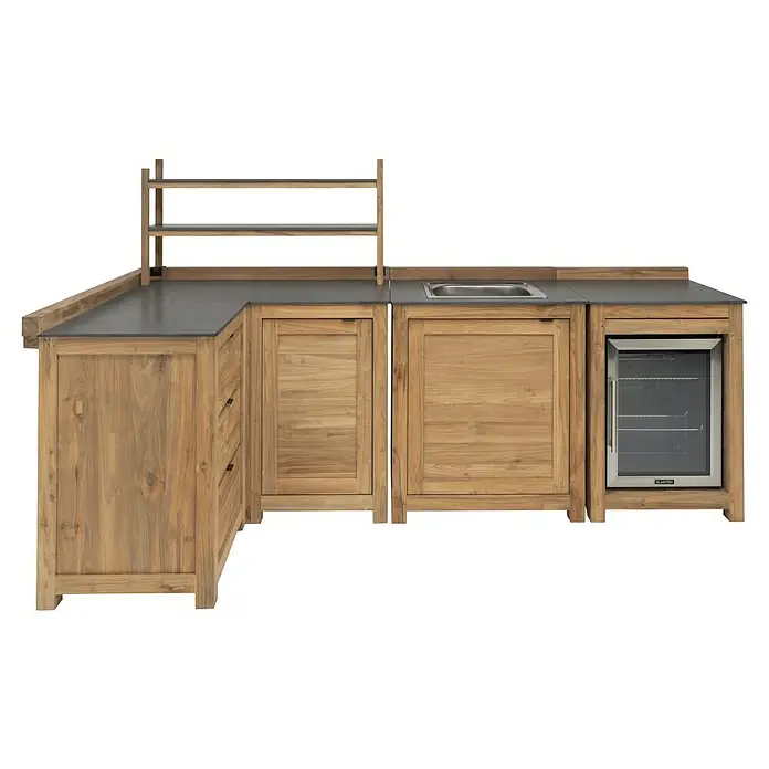 Sunfun Zoe Outdoorküchen-Modul Multifunktionsregal - Braun, B x T x H: 67,5 x 63 x 92 cm, Teakholz - Stilvolle Außenküche aus Holz mit Spüle, Kühlschrank und Regalen. Ein Blickfang für jede Terrasse oder Garten.