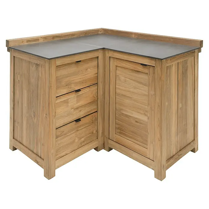 Kingstone Outdoorküche Cliff 6005/Zoe - 6 -tlg., Teakholz/Stahl/Keramik, Schwarz/Braun, Material Grillfläche: Gusseisen, Anzahl Brenner: 6 - Moderner Eckschrank mit Schubladen und Tür, gefertigt aus massivem Teakholz mit grauer Arbeitsplatte, ideal für stilvolle Aufbewahrung.