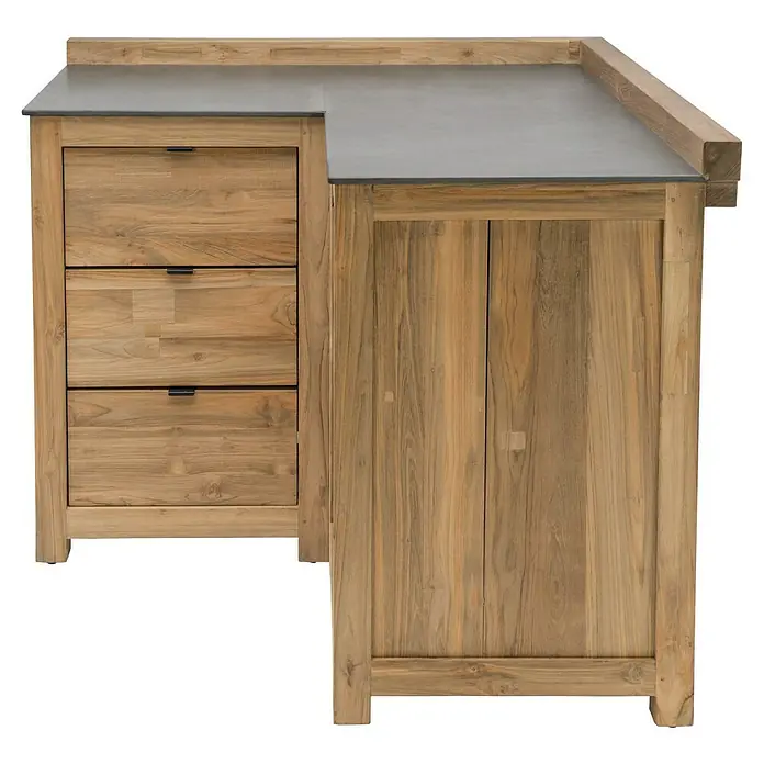Sunfun Zoe Outdoorküchen-Modul Eckschrank - Braun, B x T x H: 120 x 120 x 92 cm, Teakholz - Elegantes Sideboard mit drei Schubladen und einem Schrankteil, gefertigt aus hochwertigem Holz und einer stilvollen Arbeitsplatte.