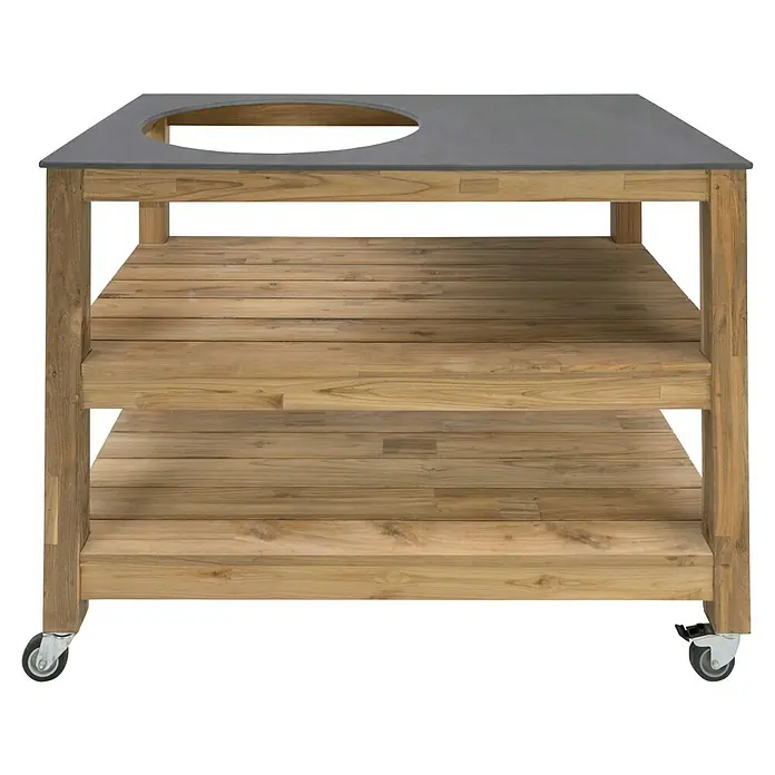 Sunfun Zoe Outdoorküchen-Modul Kamado - Braun, B x T x H: 120 x 71,5 x 89 cm, Teakholz - Grilltisch aus Holz mit Ablageflächen und Rollen, ideal für den Garten oder die Terrasse. Die robuste Konstruktion bietet Stabilität und Funktionalität.