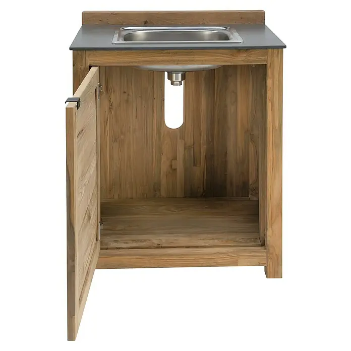 Sunfun Zoe Outdoorküchen-Modul Waschbecken - Braun, B x T x H: 80 x 63 x 96,7 cm, Teakholz - Badezimmerschrank aus Holz mit Waschbecken und offener Tür, ideal für jedes Badezimmer. Bietet Stauraum und Stil.