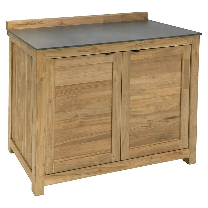 Kingstone Outdoorküche Cliff 6005/Zoe III - 5 -tlg., Teakholz/Stahl/Keramik, Schwarz/Braun, Material Grillfläche: Gusseisen, Anzahl Brenner: 6 - Elegantes Sideboard aus Teakholz mit grauer Tischplatte und zwei Türen. Ein stilvolles Möbelstück für jeden Raum.