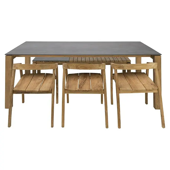 Sunfun Zoe Gartensessel - Teak, Naturfarben, B x T x H: 58 x 60 x 78 cm - Ein stilvolles Esszimmer-Set mit einem Tisch mit grauer Platte und drei Holzstühlen, perfekt für moderne Essbereiche.