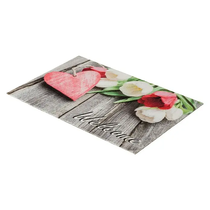 Astra Deco Fußmatte Print - Welcome, Bunt, 40 x 60 cm, 100 % Polyamid - Dekorativer Läufer mit Tulpen und Herzmotiv, der jedem Eingangsbereich eine einladende Note verleiht.