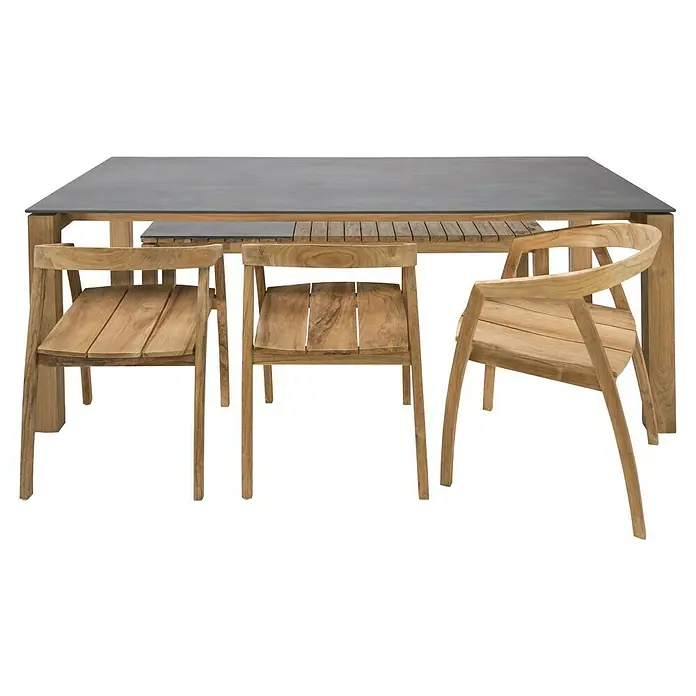 Sunfun Zoe Gartenmöbel-Set - 5 -tlg., Teakholz/Keramik, Naturbraun/Anthrazit - Dieses Bild zeigt ein modernes Esstischset mit einem dunklen Tisch und Holzstühlen. Das Set ist stilvoll und funktional für den Essbereich.