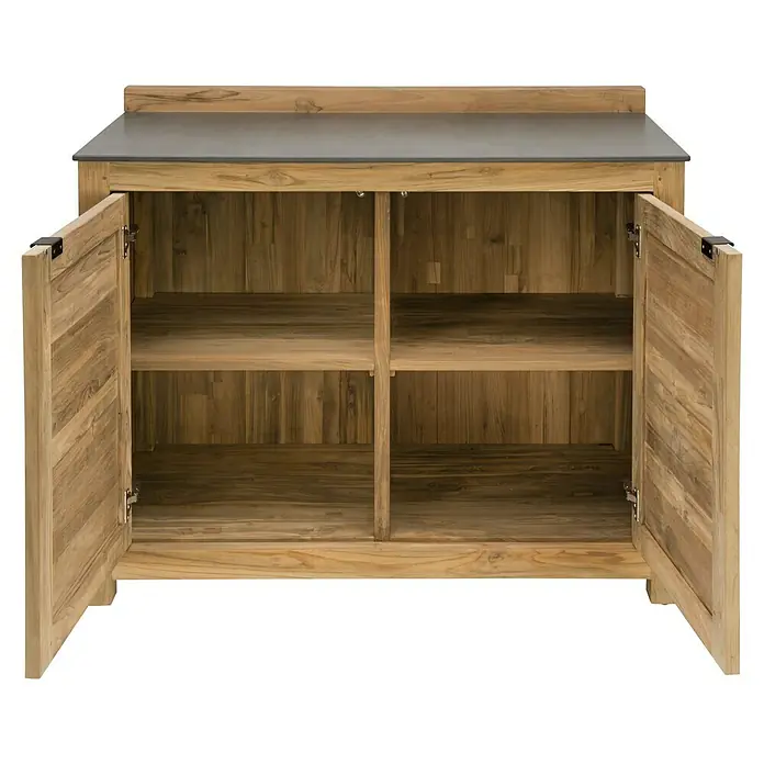 Sunfun Zoe Outdoorküchen-Modul Doppelschrank - Braun, B x T x H: 120 x 63 x 92 cm, Teakholz - Teakholzschrank mit zwei offenen Türen und zwei Regalböden. Ideal zur Aufbewahrung und Organisation von Gegenständen im Haus.