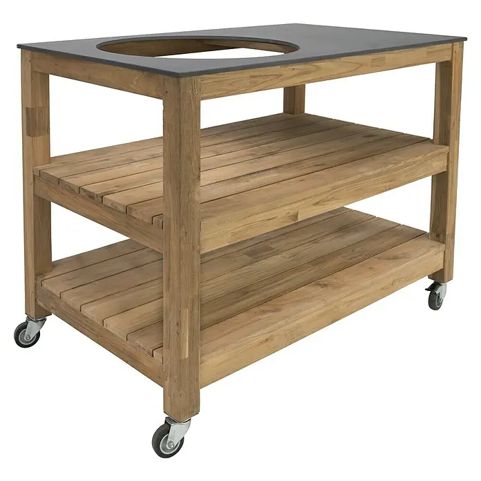 Sunfun Zoe Outdoorküchen-Modul Kamado - Braun, B x T x H: 120 x 71,5 x 89 cm, Teakholz - Robuster Grilltisch aus Holz mit Rädern und Ablageflächen, ideal für den Außenbereich. Die Arbeitsfläche ist mit einer runden Aussparung versehen.
