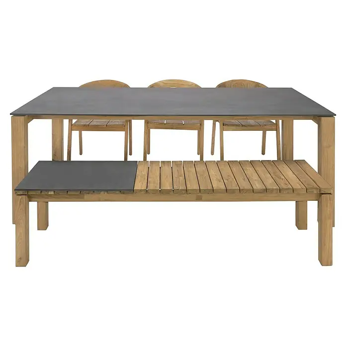 Sunfun Zoe Gartenbank - B x T x H: 180 x 45 x 45 cm, Teak/Keramik, Naturfarben - Hier ist ein Gartentisch-Set mit robusten Holzrahmen und grauen Tischplatten, ideal für stilvolle Außenbereiche.