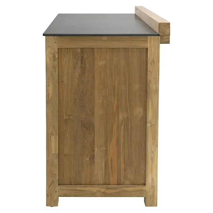 Sunfun Zoe Outdoorküchen-Modul Doppelschrank - Braun, B x T x H: 120 x 63 x 92 cm, Teakholz - Diese Nahaufnahme zeigt die Detail der Holzkommode, das dunkle Oberteil und natürliche Holzmaserung betonen die rustikale Eleganz.