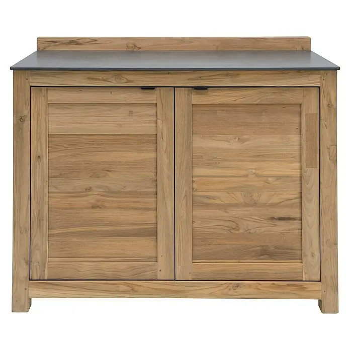 Sunfun Zoe Outdoorküchen-Modul Doppelschrank - Braun, B x T x H: 120 x 63 x 92 cm, Teakholz - Elegantes Sideboard aus Teakholz mit grauer Steinplatte. Das Sideboard verfügt über zwei Türen mit horizontalen Holzpaneelen und schlichten Griffen.