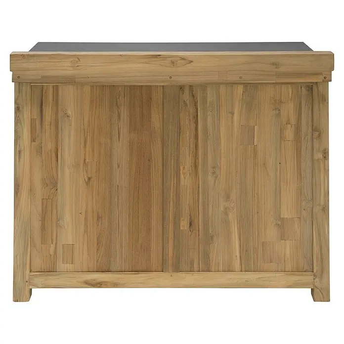 Sunfun Zoe Outdoorküchen-Modul Doppelschrank - Braun, B x T x H: 120 x 63 x 92 cm, Teakholz - Detailaufnahme eines Holzschranks. Das Möbelstück ist aus hellem Holz gefertigt und hat eine dunkle Platte. Schlichtes, zeitloses Design.