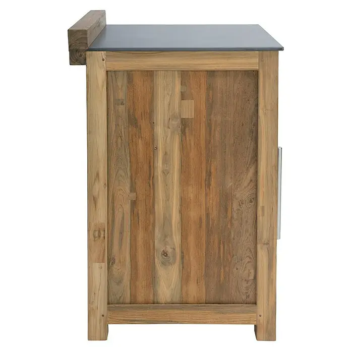 Sunfun Zoe Outdoorküchen-Modul Multifunktionsregal - Braun, B x T x H: 67,5 x 63 x 92 cm, Teakholz - Ansicht eines hölzernen Badezimmerschranks mit einer grauen Oberseite und einem Metalleffektgriff an der Seite.