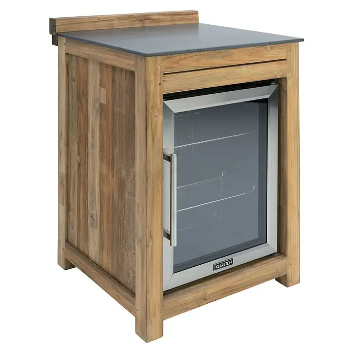 Sunfun Zoe Outdoorküchen-Modul Multifunktionsregal - Braun, B x T x H: 67,5 x 63 x 92 cm, Teakholz - Der Klarstein Weinkühlschrank präsentiert sich in einem Holzgehäuse mit einer edlen grauen Abdeckung, ideal für stilvolle Weinlagerung.