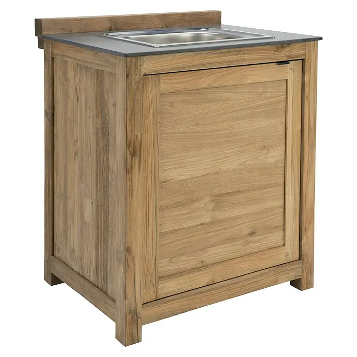 Sunfun Zoe Outdoorküchen-Modul Waschbecken - Braun, B x T x H: 80 x 63 x 96,7 cm, Teakholz - Bild eines Spülschranks aus Holz mit eingelassenem Edelstahlbecken und grauer Arbeitsplatte für den Außenbereich.