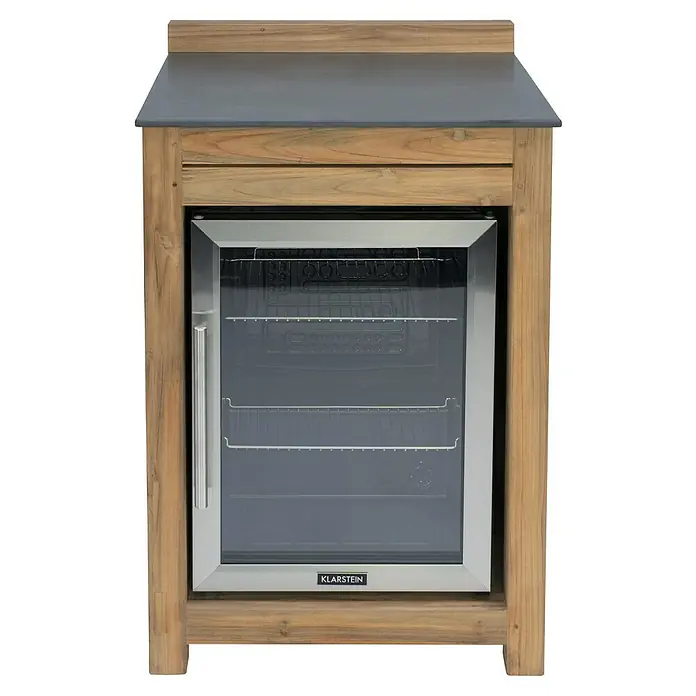 Sunfun Zoe Outdoorküchen-Modul Multifunktionsregal - Braun, B x T x H: 67,5 x 63 x 92 cm, Teakholz - Klarstein Weinkühlschrank in einem Holzgestell mit grauem Dach. Ideal für die Lagerung und Präsentation Ihrer Weine.