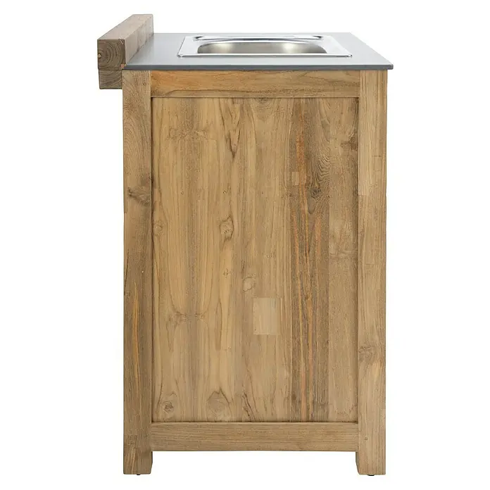 Sunfun Zoe Outdoorküchen-Modul Waschbecken - Braun, B x T x H: 80 x 63 x 96,7 cm, Teakholz - Seitenansicht eines Waschtischunterschranks aus Teakholz mit Waschbecken. Praktisches Badmöbel mit natürlichem Charme für Ihr Badezimmer.