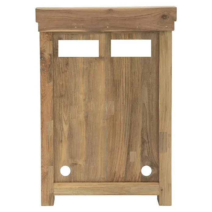 Sunfun Zoe Outdoorküchen-Modul Multifunktionsregal - Braun, B x T x H: 67,5 x 63 x 92 cm, Teakholz - Nahaufnahme eines eleganten Holzschranks mit dunklen Löchern und Aussparungen für Kabel. Schlichtes, funktionales Möbelstück.