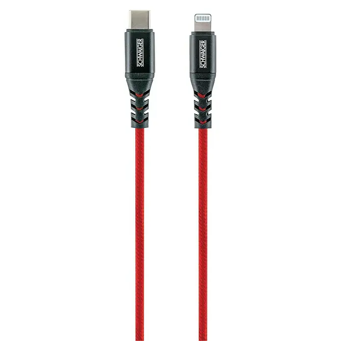 Schwaiger USB-Ladekabel - 1,2 m, USB C-Stecker, Lightning-Stecker, Feuerrot - Schwaiger USB-Kabel mit Typ C und Lightning-Anschluss, rotes Textilkabel, für schnelles Laden und Datenübertragung.