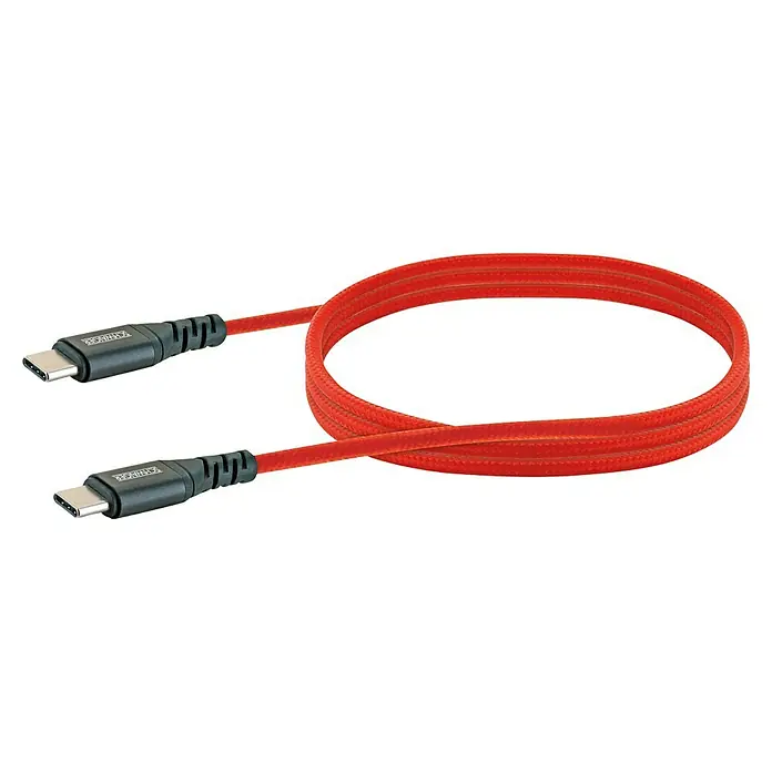 Schwaiger USB-Ladekabel - 1,2 m, USB C-Stecker, Feuerrot - Nahaufnahme eines roten USB-C auf USB-C Kabels mit schwarzen Anschlüssen, das zu einem Kreis geformt ist.