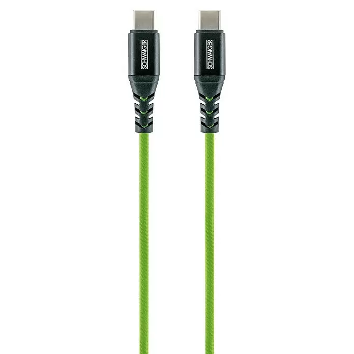 Schwaiger USB-Ladekabel - 1,2 m, USB C-Stecker, Giftgrün - Grünes geflochtenes USB-C Kabel mit schwarzen Schwaiger Anschlüssen und silbernen Spitzen.