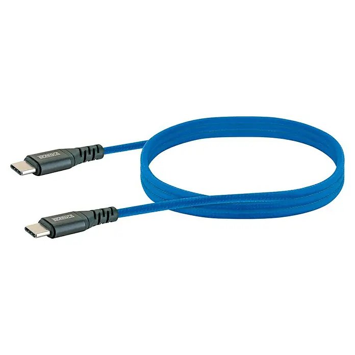 Schwaiger USB-Ladekabel - 1,2 m, USB C-Stecker, Königsblau - Nahaufnahme eines blauen USB-C-auf-USB-C-Kabels mit schwarzen Steckern, das zu einer Spule geformt ist.
