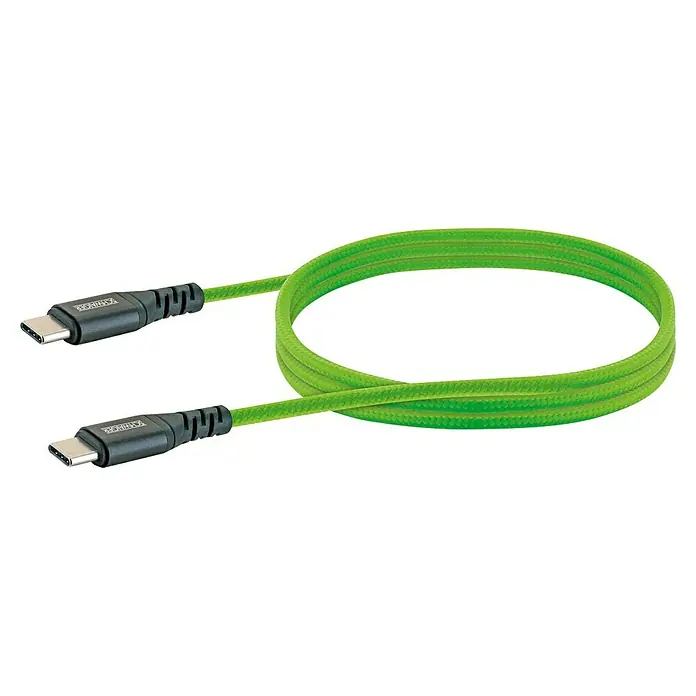 Schwaiger USB-Ladekabel - 1,2 m, USB C-Stecker, Giftgrün - Ein leuchtend grünes USB-C auf USB-C Kabel, das auf einem schwarzen Hintergrund zu einer Schlaufe gebogen ist, perfekt für schnelles Laden und Datenübertragung.