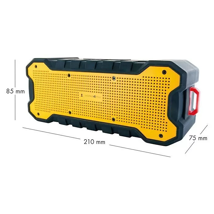 Schwaiger Bluetooth-Lautsprecher Outdoor - Akkulaufzeit: 12 h, IP67, Schwarz/Gelb, 7,3 x 20 x 8,3 cm - Robust, schwarz-gelber Bluetooth-Lautsprecher mit perforiertem Gitter, rotem Griff und Maßen 210x85x75mm.