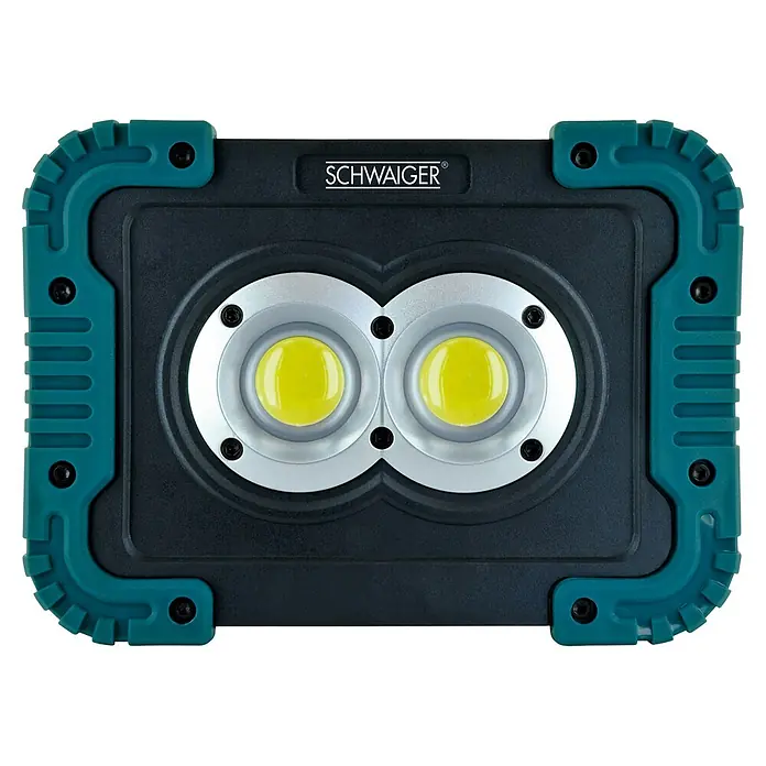 Schwaiger Mobiler LED-Strahler - Batteriebetrieben, 800 lm, Lichtfarbe: Tageslichtweiß, IPX4 - Nahaufnahme einer SCHWAIGER Arbeitsleuchte mit zwei LED-Leuchten und grünem Rahmen.