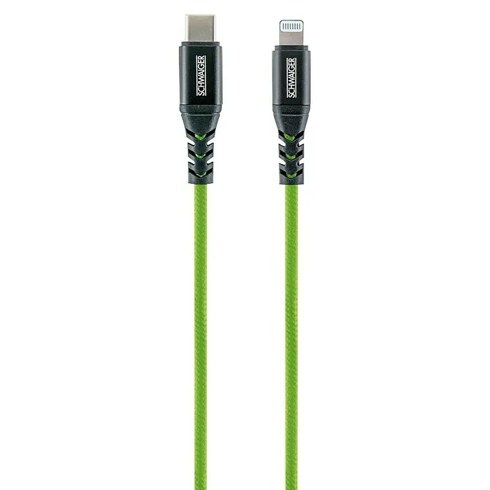 Schwaiger USB-Ladekabel - 1,2 m, USB C-Stecker, Lightning-Stecker, Giftgrün - Ein grünes SCHWAIGER-Ladekabel mit USB-C- und Lightning-Anschlüssen für schnelles und effizientes Aufladen Ihrer Geräte.