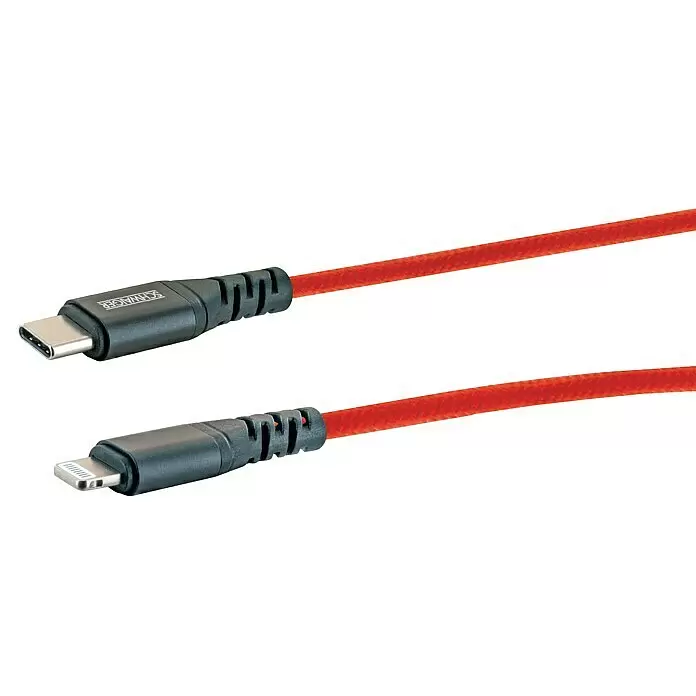 Schwaiger USB-Ladekabel - 1,2 m, USB C-Stecker, Lightning-Stecker, Feuerrot - Rotes geflochtenes USB-C auf Lightning Ladekabel mit schwarzen Steckern.