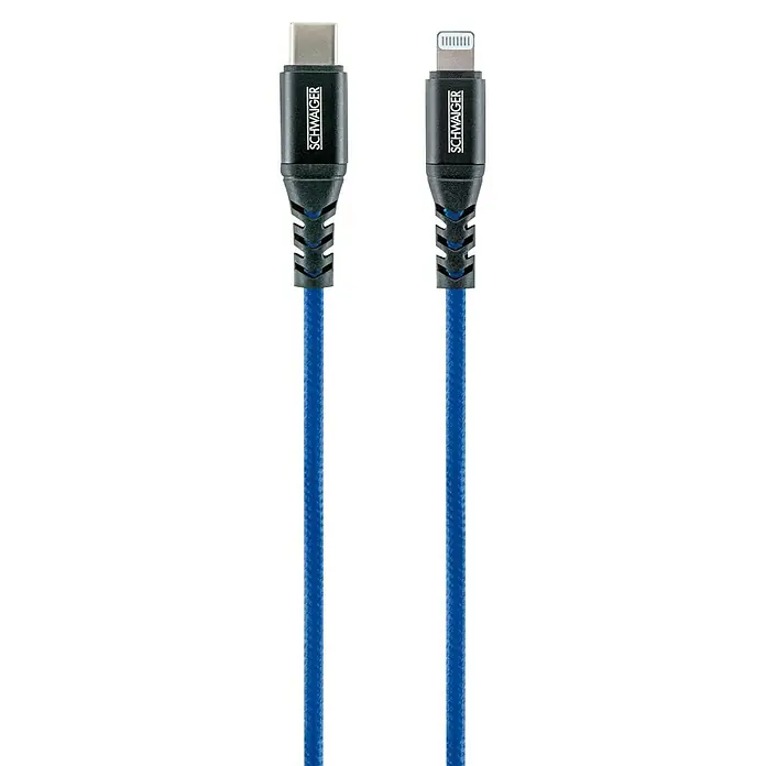 Schwaiger USB-Ladekabel - 1,2 m, USB C-Stecker, Lightning-Stecker, Königsblau - USB-C- und Lightning-Kabel von SCHWAIGER mit blauer Textilummantelung für schnelles Laden und Datenübertragung. Robuste Ausführung für lange Lebensdauer.