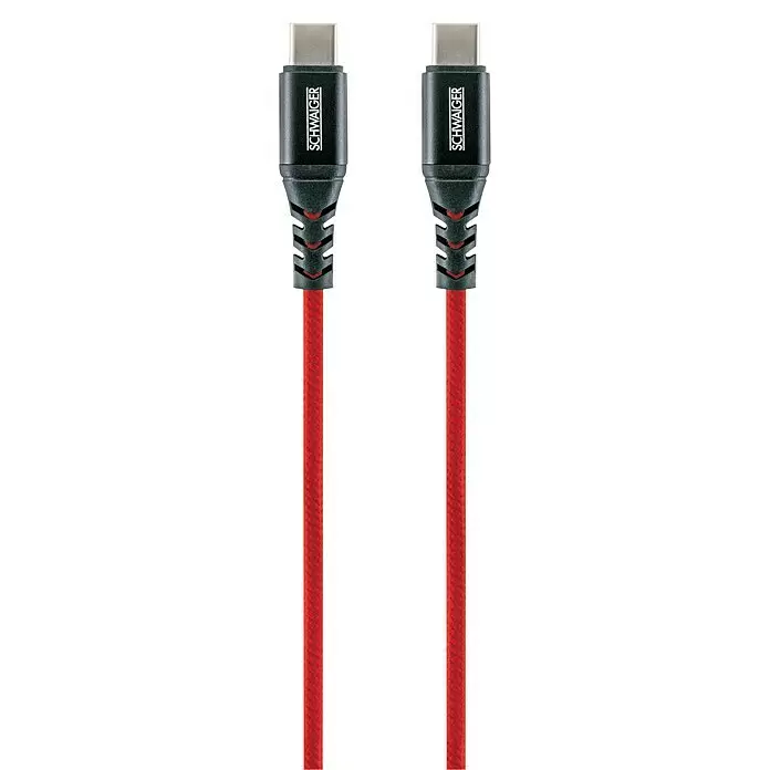 Schwaiger USB-Ladekabel - 1,2 m, USB C-Stecker, Feuerrot - Zwei rote, geflochtene USB-C Ladekabel mit schwarzen Anschlüssen und 'SCHWAIGER' Logo.