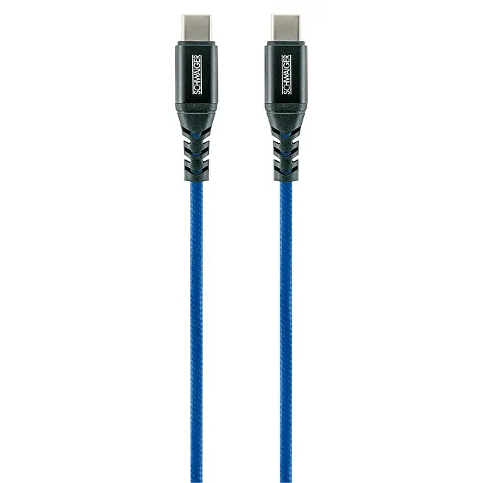 Schwaiger USB-Ladekabel - 1,2 m, USB C-Stecker, Königsblau - Zwei blaue USB-C-Kabel der Marke Schwaiger vor einem schwarzen Hintergrund. Ideal zum Aufladen und zur Datenübertragung.
