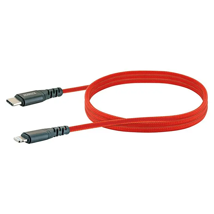 Schwaiger USB-Ladekabel - 1,2 m, USB C-Stecker, Lightning-Stecker, Feuerrot - Ein rotes Datenkabel mit USB-C- und Lightning-Anschlüssen, aufgerollt und bereit zur Verwendung für schnelles Aufladen und Datenübertragung.